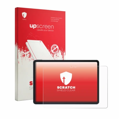 Parte frontal de un envase de producto con el logotipo de la marca upscreen. Al lado se muestra el dispositivo Infinix XPAD 30