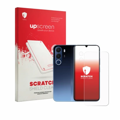 Parte frontal de un envase de producto con el logotipo de la marca upscreen. Al lado se muestra el dispositivo realme C100x (F