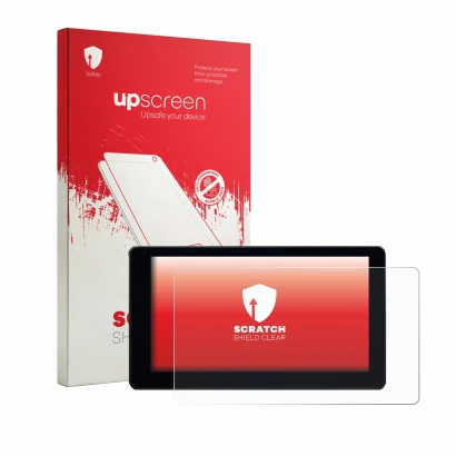 Parte frontal de un envase de producto con el logotipo de la marca upscreen. Al lado se muestra el dispositivo Zontes 368D 202