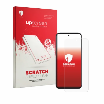 Parte frontal de un envase de producto con el logotipo de la marca upscreen. Al lado se muestra el dispositivo Vivo Y6a con su