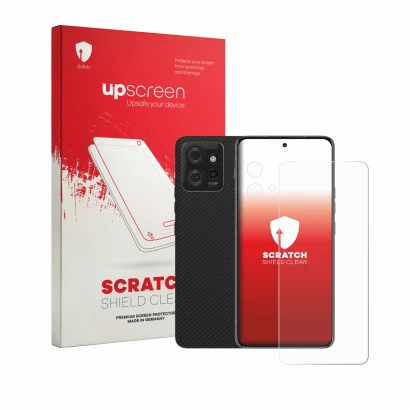 Parte frontal de un envase de producto con el logotipo de la marca upscreen. Al lado se muestra el dispositivo Motorola ThinkP