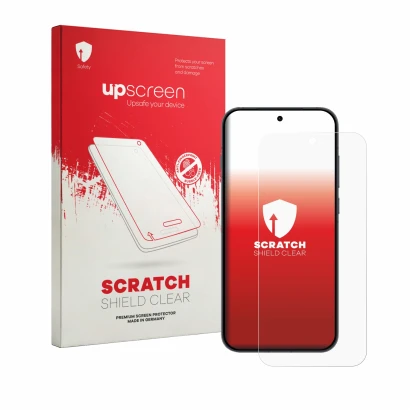 Parte frontal de un envase de producto con el logotipo de la marca upscreen. Al lado se muestra el dispositivo Oppo Reno 16 FS