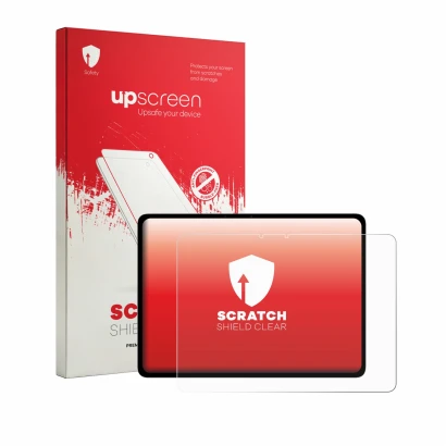 Parte frontal de un envase de producto con el logotipo de la marca upscreen. Al lado se muestra el dispositivo Vivo iQOO Pad 5