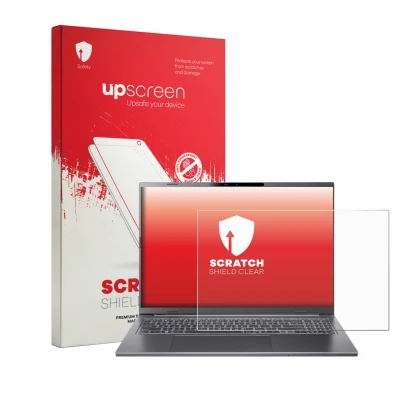 Parte frontal de un envase de producto con el logotipo de la marca upscreen. Al lado se muestra el dispositivo Acer Aspire 16
