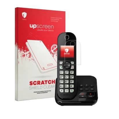 Parte frontal de un envase de producto con el logotipo de la marca upscreen. Al lado se muestra el dispositivo Panasonic KX-TG