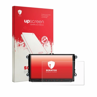 Parte frontal de un envase de producto con el logotipo de la marca upscreen. Al lado se muestra el dispositivo Xtrons ID90MTVL