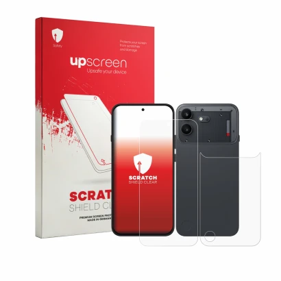 Parte frontal de un envase de producto con el logotipo de la marca upscreen. Al lado se muestra el dispositivo Nothing Phone (
