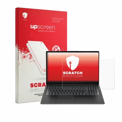Parte frontal de un envase de producto con el logotipo de la marca upscreen. Al lado se muestra el dispositivo Lenovo V15 7915