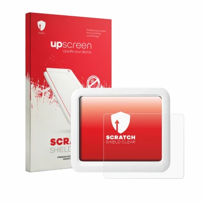Parte frontal de un envase de producto con el logotipo de la marca upscreen. Al lado se muestra el dispositivo SwitchBot Meter