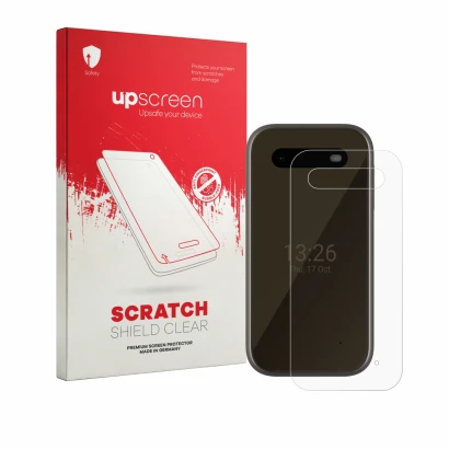 Parte frontal de un envase de producto con el logotipo de la marca upscreen. Al lado se muestra el dispositivo HMD 2660 Flip 4
