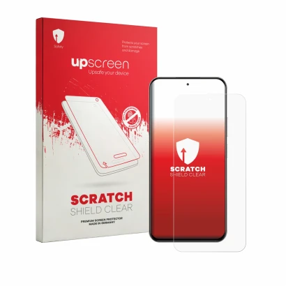 Parte frontal de un envase de producto con el logotipo de la marca upscreen. Al lado se muestra el dispositivo realme Narzo 10