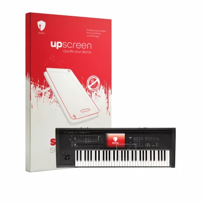 Parte frontal de un envase de producto con el logotipo de la marca upscreen. Al lado se muestra el dispositivo KORG Kronos 3 (