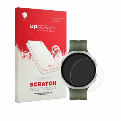 Parte frontal de un envase de producto con el logotipo de la marca upscreen. Al lado se muestra el dispositivo Samsung Galaxy 