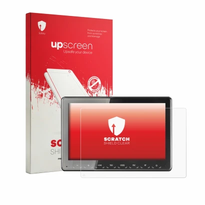 Parte frontal de un envase de producto con el logotipo de la marca upscreen. Al lado se muestra el dispositivo Zenec Z-N975 co