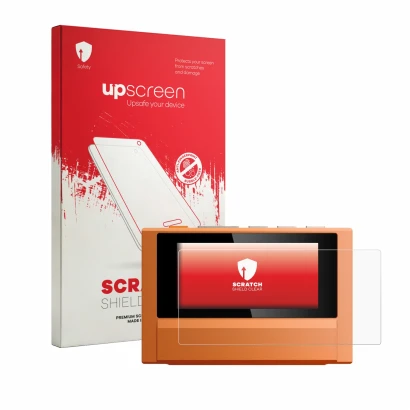 Parte frontal de un envase de producto con el logotipo de la marca upscreen. Al lado se muestra el dispositivo FiiO SnowSky Ec