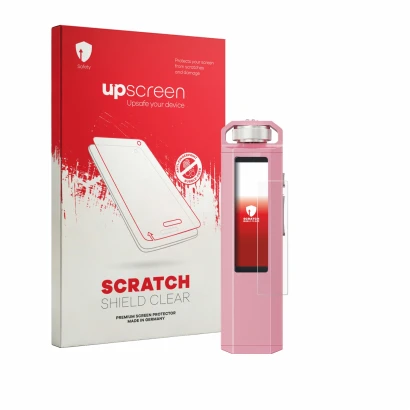 Parte frontal de un envase de producto con el logotipo de la marca upscreen. Al lado se muestra el dispositivo FiiO SnowSky Ec