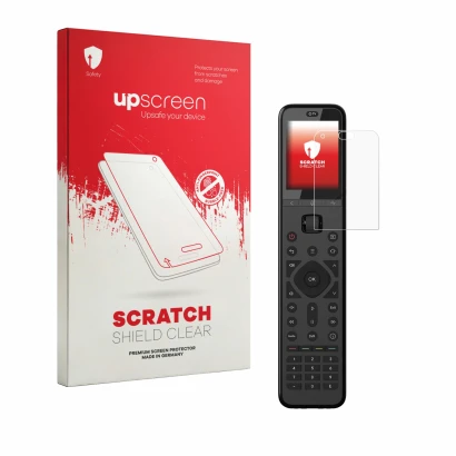 Parte frontal de un envase de producto con el logotipo de la marca upscreen. Al lado se muestra el dispositivo Sofabaton U3 co