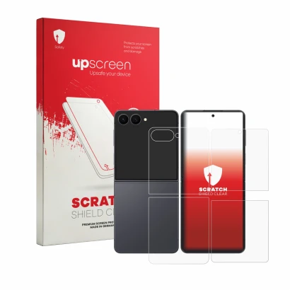 Parte frontal de un envase de producto con el logotipo de la marca upscreen. Al lado se muestra el dispositivo Samsung Galaxy