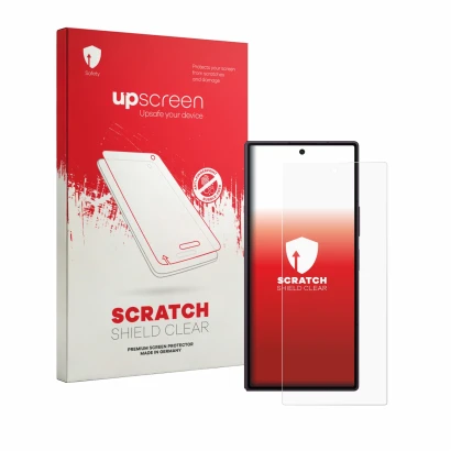 Parte frontal de un envase de producto con el logotipo de la marca upscreen. Al lado se muestra el dispositivo Samsung Galaxy