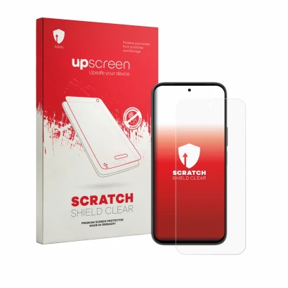 Parte frontal de un envase de producto con el logotipo de la marca upscreen. Al lado se muestra el dispositivo Honor X6e con s
