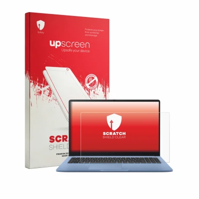 Parte frontal de un envase de producto con el logotipo de la marca upscreen. Al lado se muestra el dispositivo ASUS Chromebook