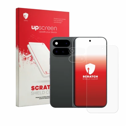 Parte frontal de un envase de producto con el logotipo de la marca upscreen. Al lado se muestra el dispositivo Google Pixel 11