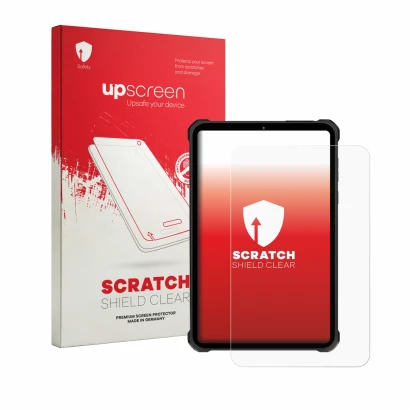 Parte frontal de un envase de producto con el logotipo de la marca upscreen. Al lado se muestra el dispositivo Oukitel RT11 co