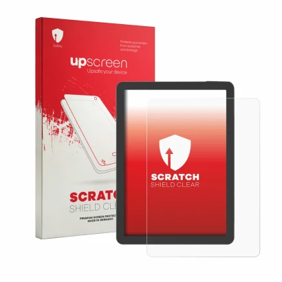Parte frontal de un envase de producto con el logotipo de la marca upscreen. Al lado se muestra el dispositivo Bigme B6 Pro co