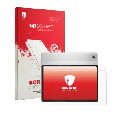 Parte frontal de un envase de producto con el logotipo de la marca upscreen. Al lado se muestra el dispositivo Lenovo Idea Tab