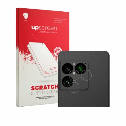 Parte frontal de un envase de producto con el logotipo de la marca upscreen. Al lado se muestra el dispositivo Sony Xperia 1 V