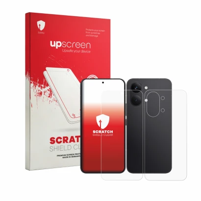 Parte frontal de un envase de producto con el logotipo de la marca upscreen. Al lado se muestra el dispositivo Xiaomi Poco X8