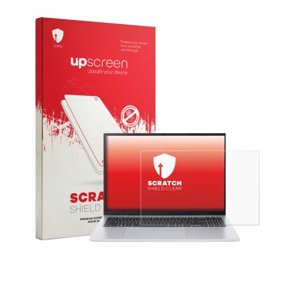 Parte frontal de un envase de producto con el logotipo de la marca upscreen. Al lado se muestra el dispositivo Acer Aspire Go