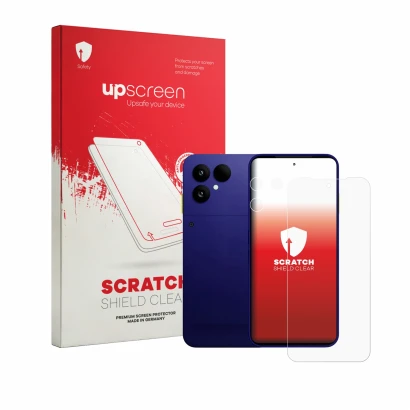 Parte frontal de un envase de producto con el logotipo de la marca upscreen. Al lado se muestra el dispositivo Fairphone 6 Plu