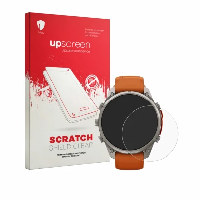Parte frontal de un envase de producto con el logotipo de la marca upscreen. Al lado se muestra el dispositivo Garmin Fenix 9 