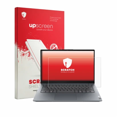 Parte frontal de un envase de producto con el logotipo de la marca upscreen. Al lado se muestra el dispositivo Lenovo V14 Gen