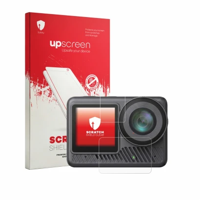 Parte frontal de un envase de producto con el logotipo de la marca upscreen. Al lado se muestra el dispositivo Akaso Brave 8 L