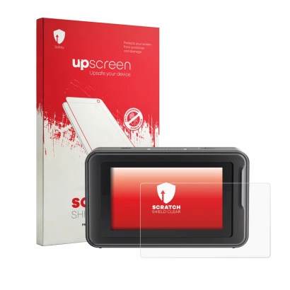 Parte frontal de un envase de producto con el logotipo de la marca upscreen. Al lado se muestra el dispositivo Creality Pika c