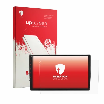 Parte frontal de un envase de producto con el logotipo de la marca upscreen. Al lado se muestra el dispositivo Junsun V1 Plus
