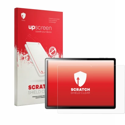 Parte frontal de un envase de producto con el logotipo de la marca upscreen. Al lado se muestra el dispositivo Logicom Tab XXL