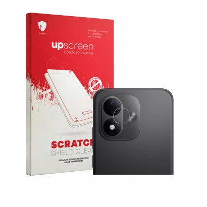 Parte frontal de un envase de producto con el logotipo de la marca upscreen. Al lado se muestra el dispositivo Xiaomi Redmi No