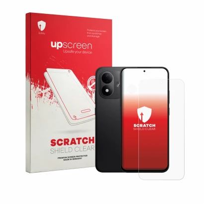 Parte frontal de un envase de producto con el logotipo de la marca upscreen. Al lado se muestra el dispositivo Xiaomi Redmi No