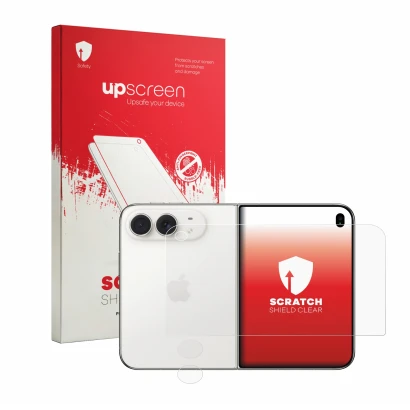 Parte frontal de un envase de producto con el logotipo de la marca upscreen. Al lado se muestra el dispositivo Apple iPhone Du