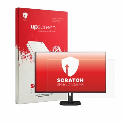 Parte frontal de un envase de producto con el logotipo de la marca upscreen. Al lado se muestra el dispositivo Philips 24E1N11