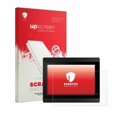 Parte frontal de un envase de producto con el logotipo de la marca upscreen. Al lado se muestra el dispositivo Garmin GMI 40 c