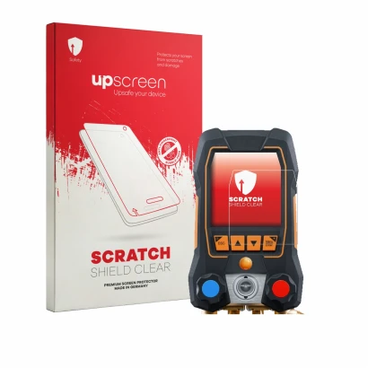 Parte frontal de un envase de producto con el logotipo de la marca upscreen. Al lado se muestra el dispositivo Testo 558s con
