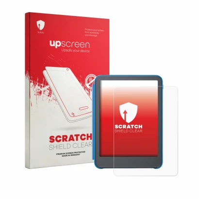 Parte frontal de un envase de producto con el logotipo de la marca upscreen. Al lado se muestra el dispositivo Amazon Kindle P