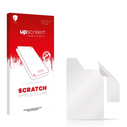 Parte frontal de un envase de producto con el logotipo de la marca upscreen. Al lado está el protector de pantalla correspondi