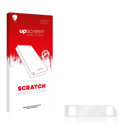 Parte frontal de un envase de producto con el logotipo de la marca upscreen. Al lado está el protector de pantalla correspondi