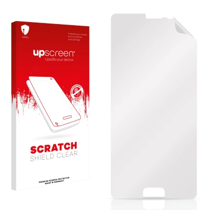 Parte frontal de un envase de producto con el logotipo de la marca upscreen. Al lado está el protector de pantalla correspondi