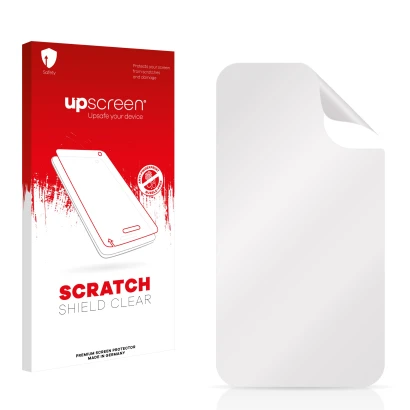 Parte frontal de un envase de producto con el logotipo de la marca upscreen. Al lado está el protector de pantalla correspondi